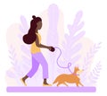 Happy african-american woman walking with dog corgi. Spring illustration for creating a romantic mood. Illustration of articles