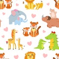 Happy African Animals Family Seamless Pattern, Cute Mothers and Babies, Lion, Giraffe, Crocodile, Tiger, Rhinoceros Royalty Free Stock Photo