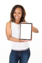 Happy african black american young woman showing blank tablet computer screen Royalty Free Stock Photo