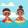 Happy African Boy and Girl Character Sitting Swimming Ring in Water for Pool Party on Summer Royalty Free Stock Photo