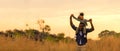 Happy African family child daughter riding the neck father and running on meadow nature on silhouette lights sunset. Royalty Free Stock Photo