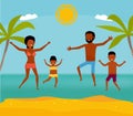 Happy african family have fun and live healthy lifestyle on beach. Active travel concept. Cartoon flat style