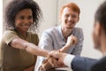 Happy african hr handshake candidate at team meeting job interview Royalty Free Stock Photo