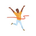 Happy Afro-American man crossing red finish tape. Marathon runner. Flat vector design