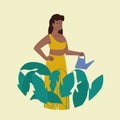 Happy afro woman watering houseplant vector illustration