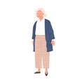 Happy aged gray-haired woman in eyewear and stylish casual clothes. Smiling senior granny in modern outfit. Colored flat