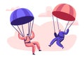 Happy Aged Pensioner Characters Doing Extreme Sport, Skydiving with Parachute, Senior Man and Woman Skydivers Wearing Sports Wear Royalty Free Stock Photo