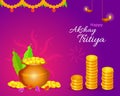 Happy Akshay Tritiya festival greeting layout with gold coins and kalash with decorative elements.