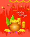 Happy Akshay Tritiya festival greeting layout with gold coins and kalash with decorative elements. Stay at home due to Covid-19 vi Royalty Free Stock Photo