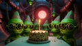 Happy alien birthday! A group of green aliens gathered around a table with a birthday cake with a candle on top of it.