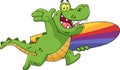 Happy Alligator Or Crocodile Cartoon Character Running With A Surfboard