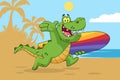 Happy Alligator Or Crocodile Cartoon Character Running With A Surfboard