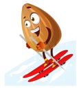 Happy almond skiing on red skis, illustration, vector