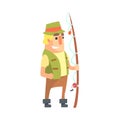 Happy Amateur Fisherman In Khaki Clothes Standing With Fishing Rod Cartoon Vector Character And His Hobby Illustration