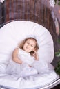 Happy amazed female kid emotion. Dreaming child studio portrait Royalty Free Stock Photo