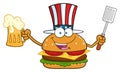 Happy American Burger Cartoon Mascot Character Holding A Beer And Bbq Slotted Spatula