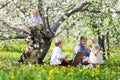 Happy American Family and Dog Eating Picnic Lunch Under Flowering Apple Trees Royalty Free Stock Photo