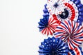 Happy American Independence Day, Columbus Day, Labor day banner mockup with American flag color paper fans on white background.