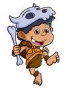 The happy ancient boy is walking and holding the bone