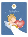 Happy angel with red heart. Baptism reminder with foreground girl and blue sky background. Vector illustration