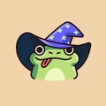 Happy animal face. Cute frog in magic hat show tongue, lovely froggy witch with smile, magical toad grimace. Positive Royalty Free Stock Photo