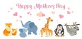 Happy animal mothers. Mother day banner with cute animals moms and babies. Cartoon giraffe, sloths and penguins, wild Royalty Free Stock Photo