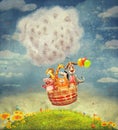 Happy animals in the air balloon in the sky Royalty Free Stock Photo