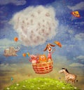 Happy animals in the air balloon in the sky Royalty Free Stock Photo