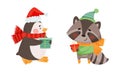 Happy animals celebrating Christmas set. Cute penguin and raccoon characters with gift boxes cartoon vector illustration Royalty Free Stock Photo