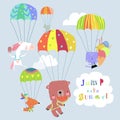 Happy Animals flying with Colorful Parachutes in the Sky Royalty Free Stock Photo