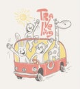 Happy animals traveling on the Bus. Vector illustration Royalty Free Stock Photo