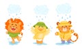 Happy Animals Wearing Raincoat Jumping in Puddles Vector Set