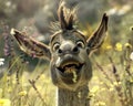 Happy animated donkey with big smile in vibrant flower field, showcasing joy and playfulness in colorful natural setting Royalty Free Stock Photo