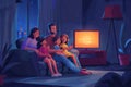 Happy animated family enjoying time together watching TV at home, smiling and sitting on a couch in a cozy living room