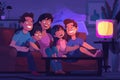 Happy animated family enjoying time together watching TV at home, smiling and sitting on a couch in a cozy living room