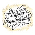 Happy Anniversary card. Beautiful greeting banner poster calligraphy inscription black text word gold ribbon. Hand drawn design. Royalty Free Stock Photo