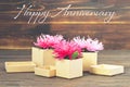 Happy Anniversary card with gift boxes and flowers Royalty Free Stock Photo