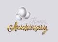 Happy anniversary card. Gold text and glossy white color balloons bunch isolated on white background. Vector banner Royalty Free Stock Photo