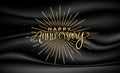 Happy Anniversary celebration. Greeting vector illustration with gold lettering composition and burst on black satin texture.