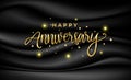 Happy Anniversary celebration. Greeting vector illustration with gold lettering composition and confetti on black satin texture.