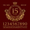 Happy anniversary celebration sign kit. Golden numbers, alphabet, frame and some words for creating congratulatory emblems Royalty Free Stock Photo