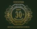 Happy anniversary emblem kit. Golden numbers, alphabet, and patterned frame for creating a memorable sign