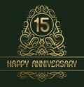 Happy anniversary greeting card template for fifteen years celebration. Vintage design with golden elements