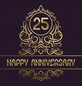 Happy anniversary greeting card template for twenty five years celebration. Vintage design with golden elements Royalty Free Stock Photo