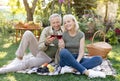 Happy anniversary. Loving married senior couple drinking wine while sitting on blanket, having picnic in their garden Royalty Free Stock Photo