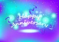 Happy Anniversary, ribbons and magic shooting stars, colorful celebration glowing neon fireworks, light exploding backdrop party