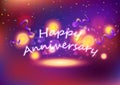 Happy Anniversary, ribbons and magic shooting stars, fantasy celebration glowing fireworks, light exploding backdrop party event