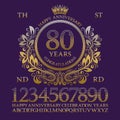 Happy anniversary sign kit. Golden numbers, alphabet, frame and some words for creating celebration emblems Royalty Free Stock Photo