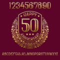 Happy anniversary sign kit. Golden patterned numbers, alphabet, and wreath frame for creating celebratory symbol