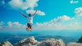 Happy anonymous man with arms raised jumping over the top of the mountain Royalty Free Stock Photo